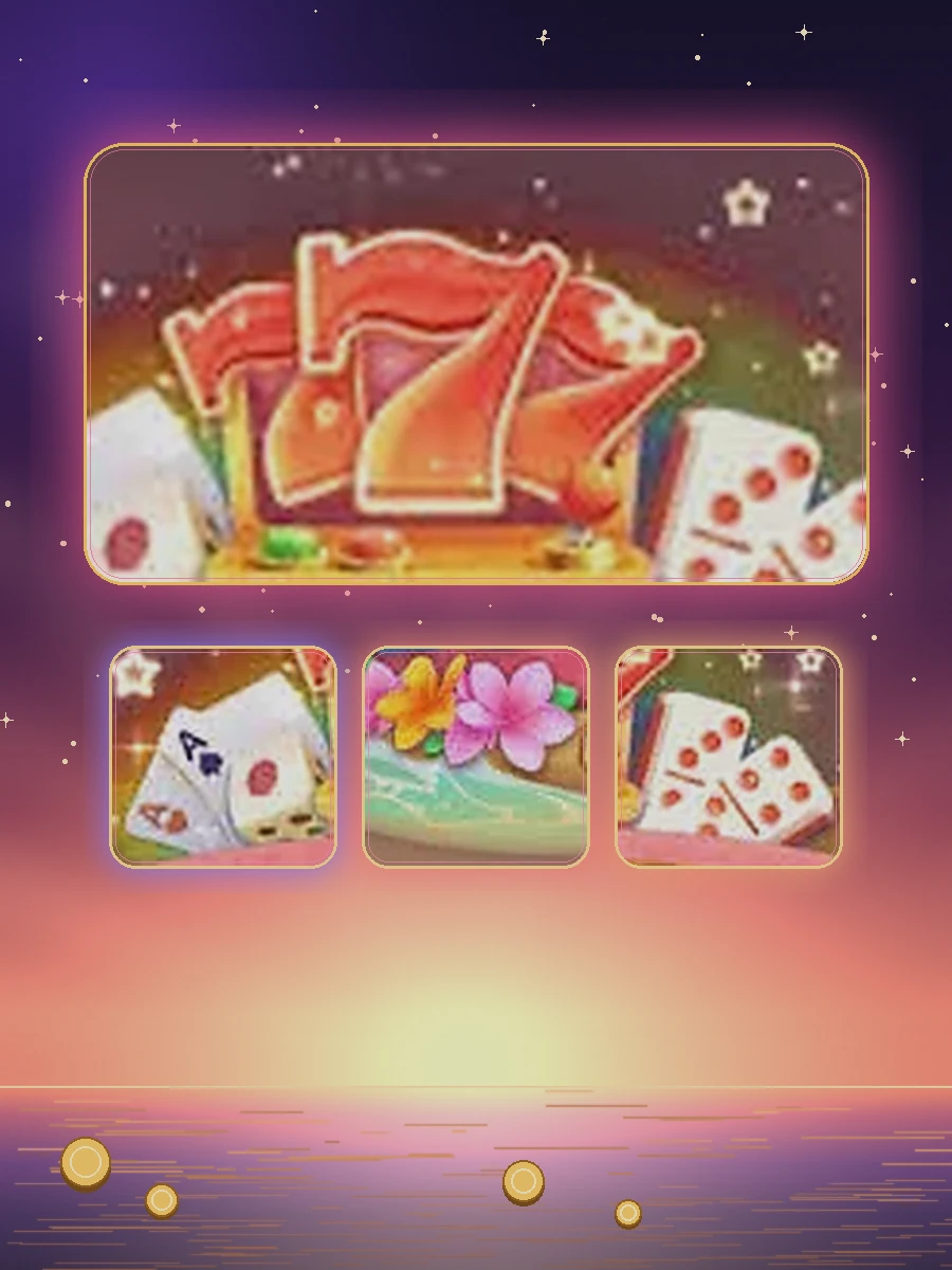Kartu layar 777 luckyrp bertepi neon di atas langit fajar, dengan kartu, bunga tropis, dan dadu dari artwork resmi luckyrp